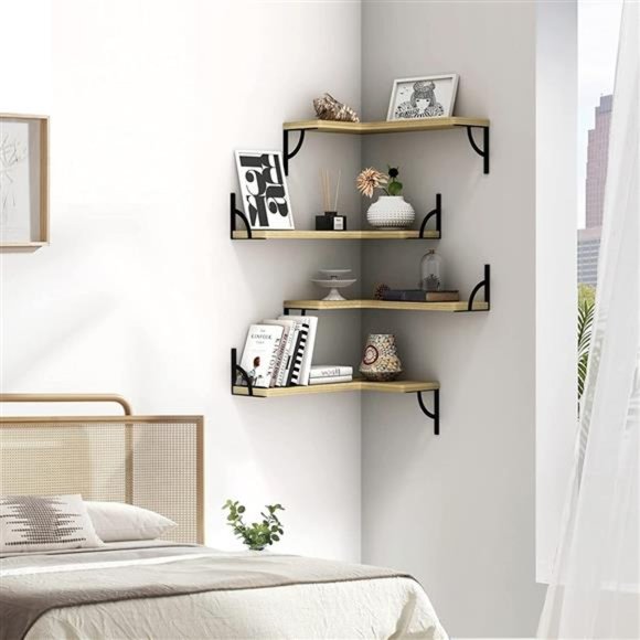 Canupdog Corner Floating Shelves Wall Mounted Set of 4, Wood Display Storage
